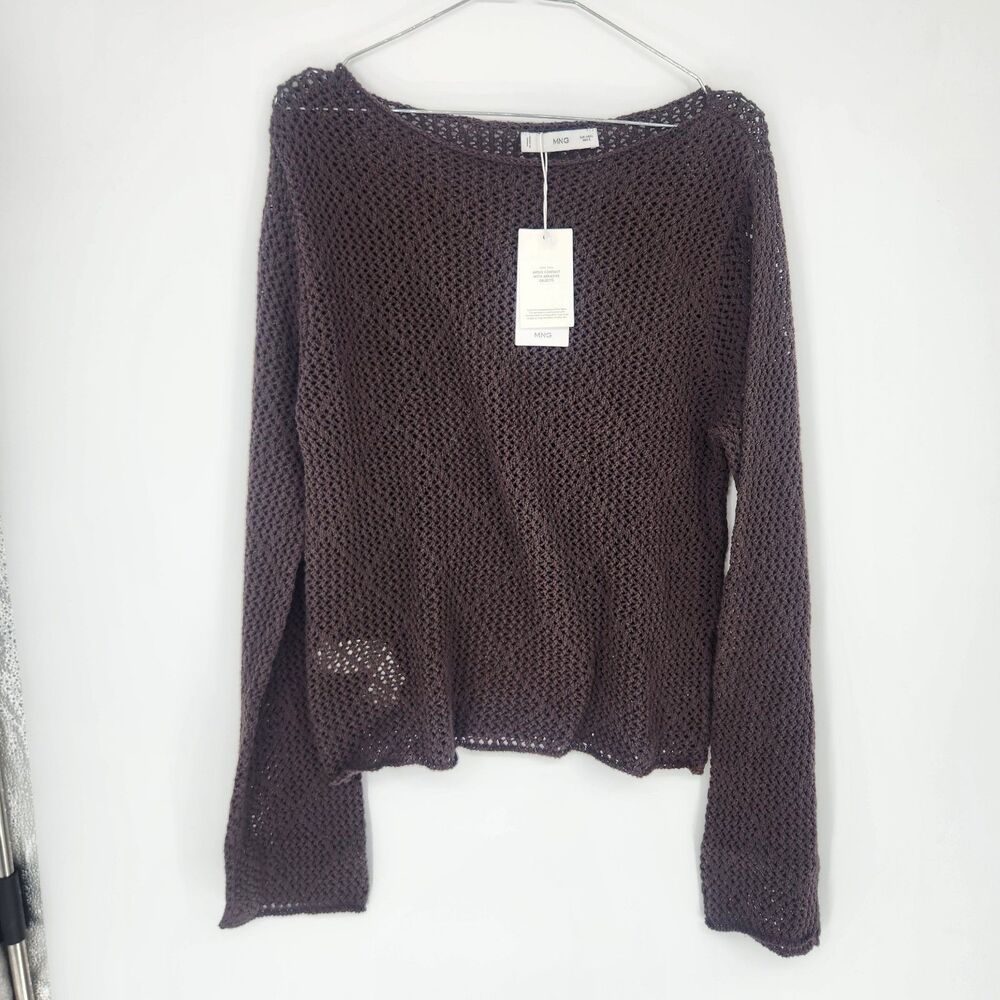 Mango Women's Large Chocolate Brown Lace Detail Knitted Cotton Sweater NWT